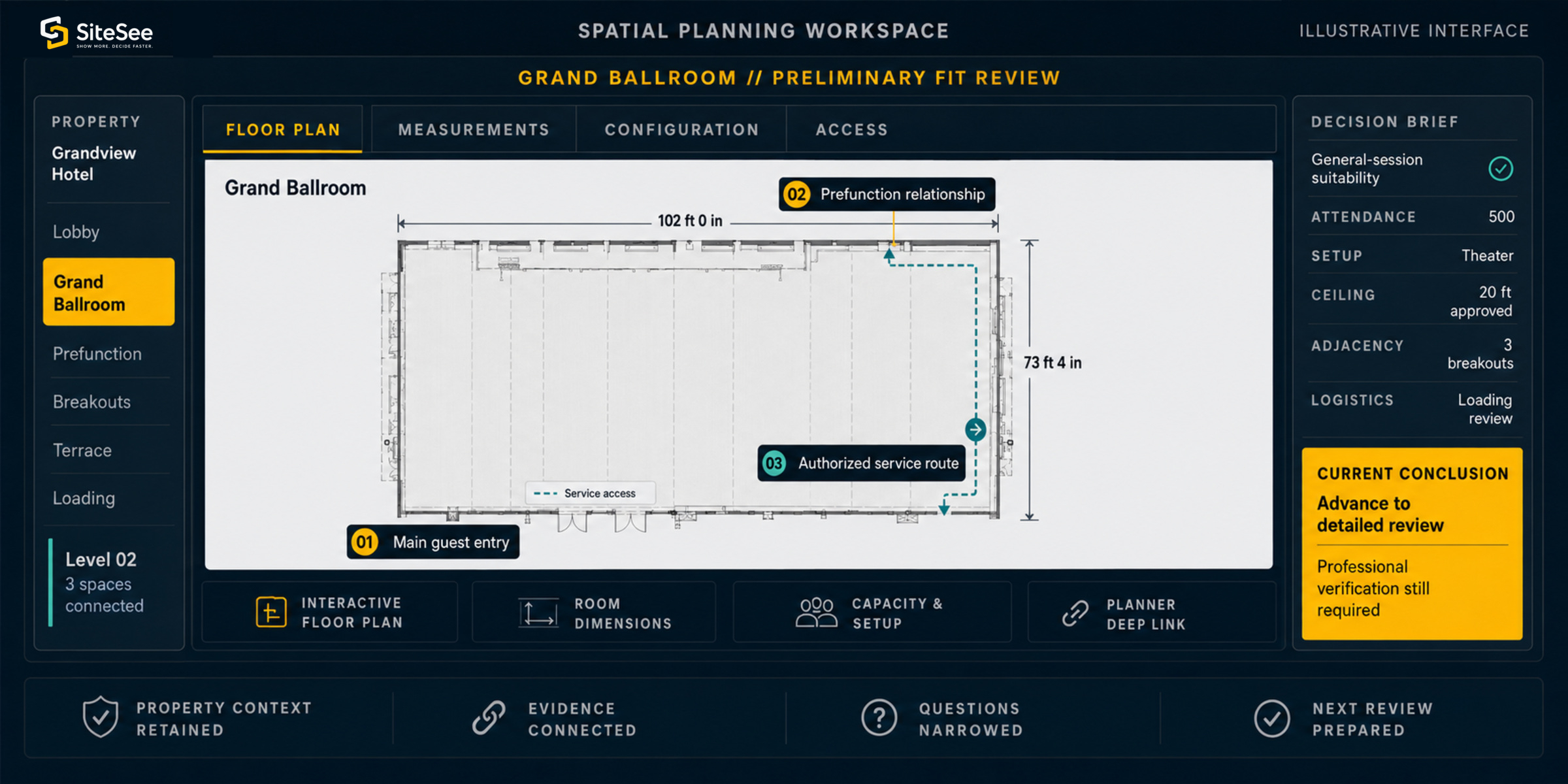 SiteSee planning interface showing room details and a connected floor plan