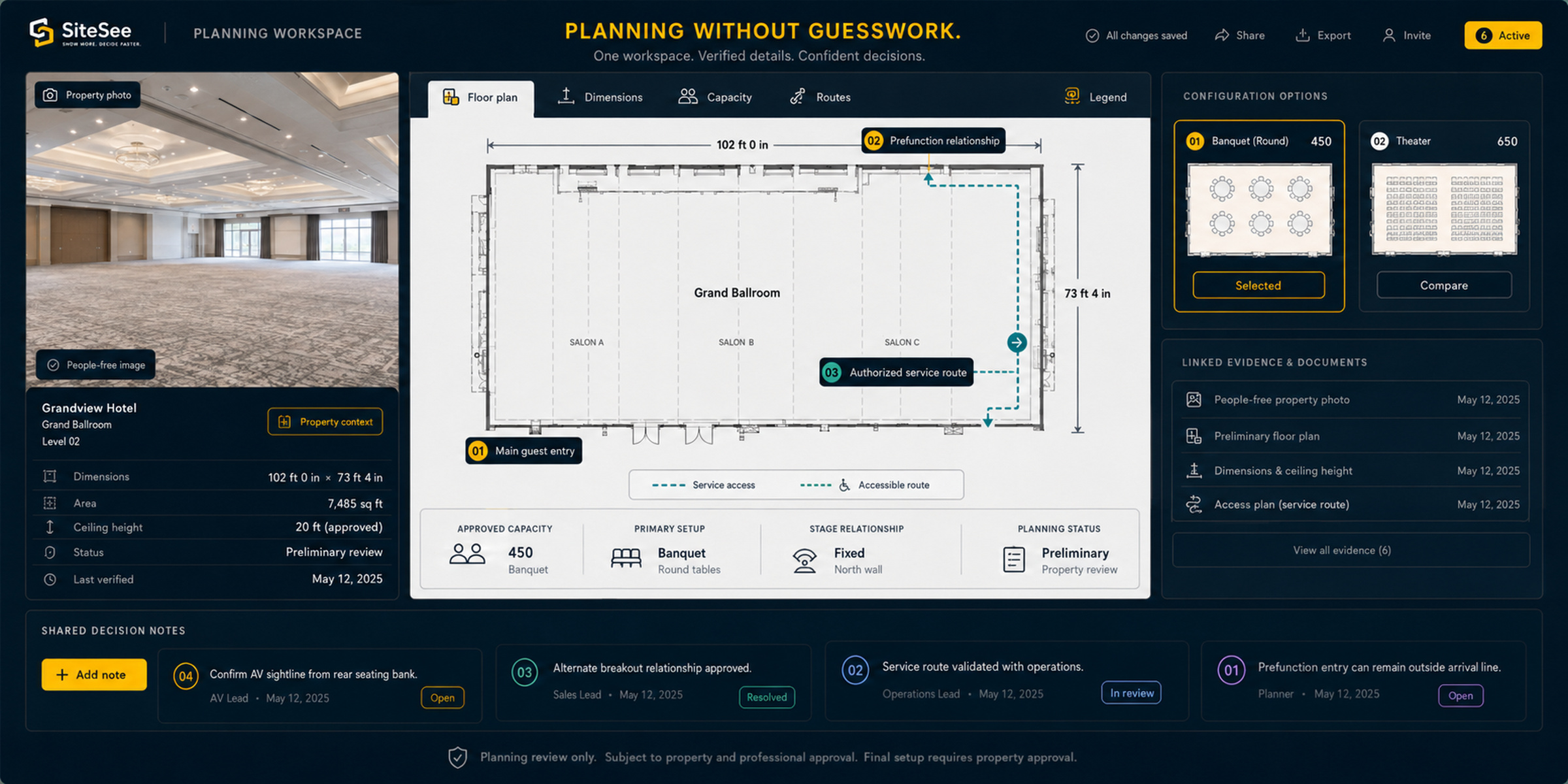 SiteSee planning workspace connecting rooms, evidence and preliminary fit