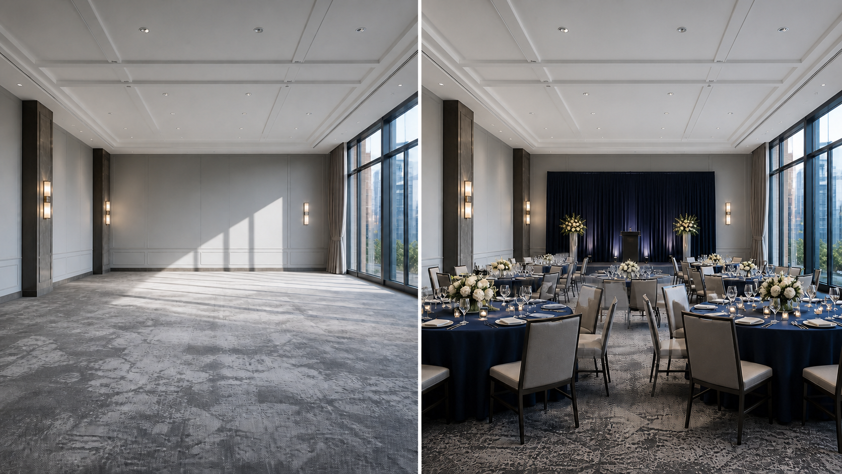 Current and proposed event-room configurations shown from the same viewpoint
