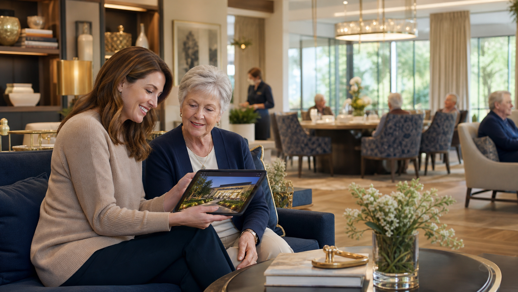 Older adult and family member reviewing a senior-living community experience together
