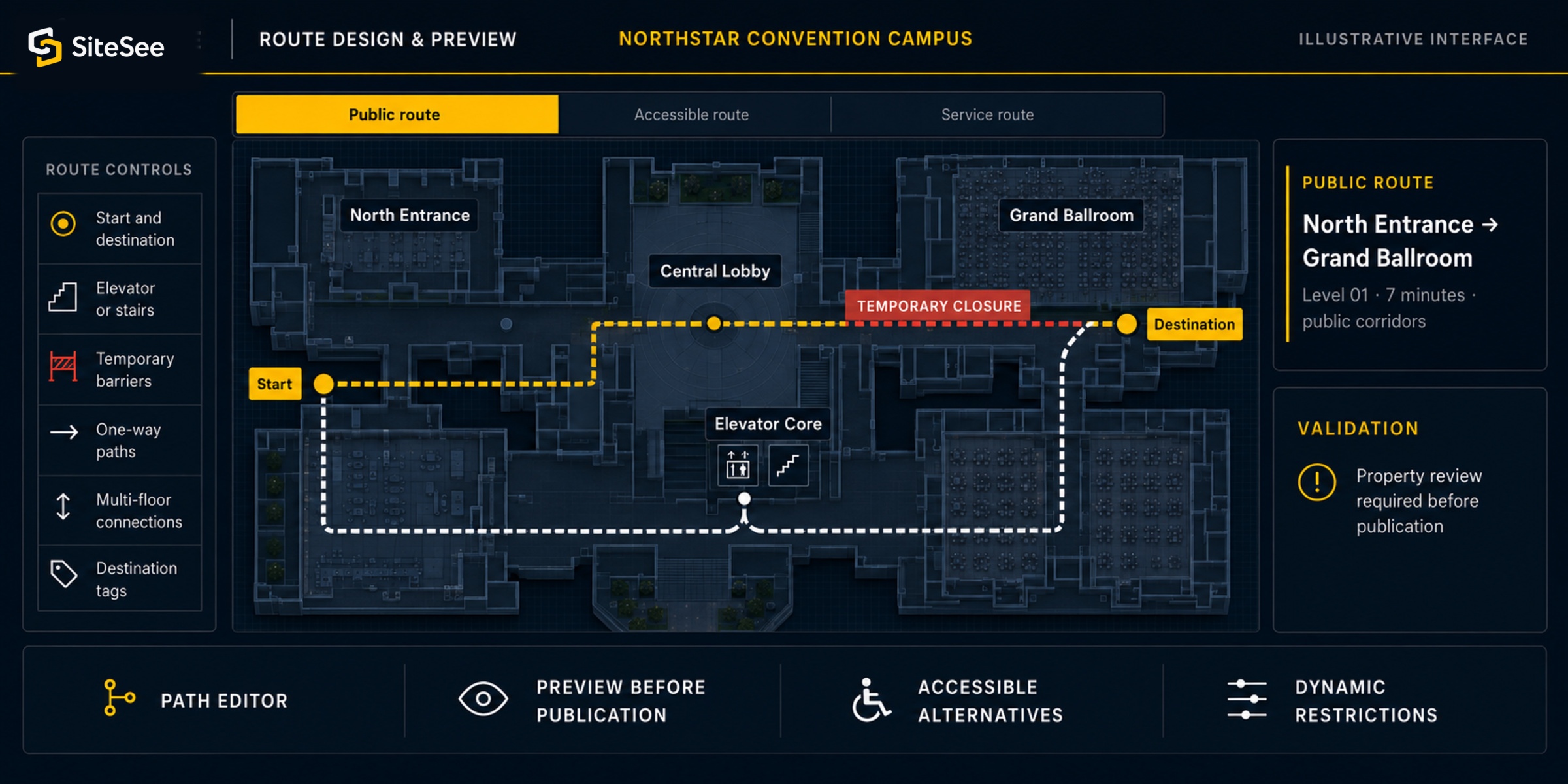 SiteSee route preview for guest, vendor and staff navigation