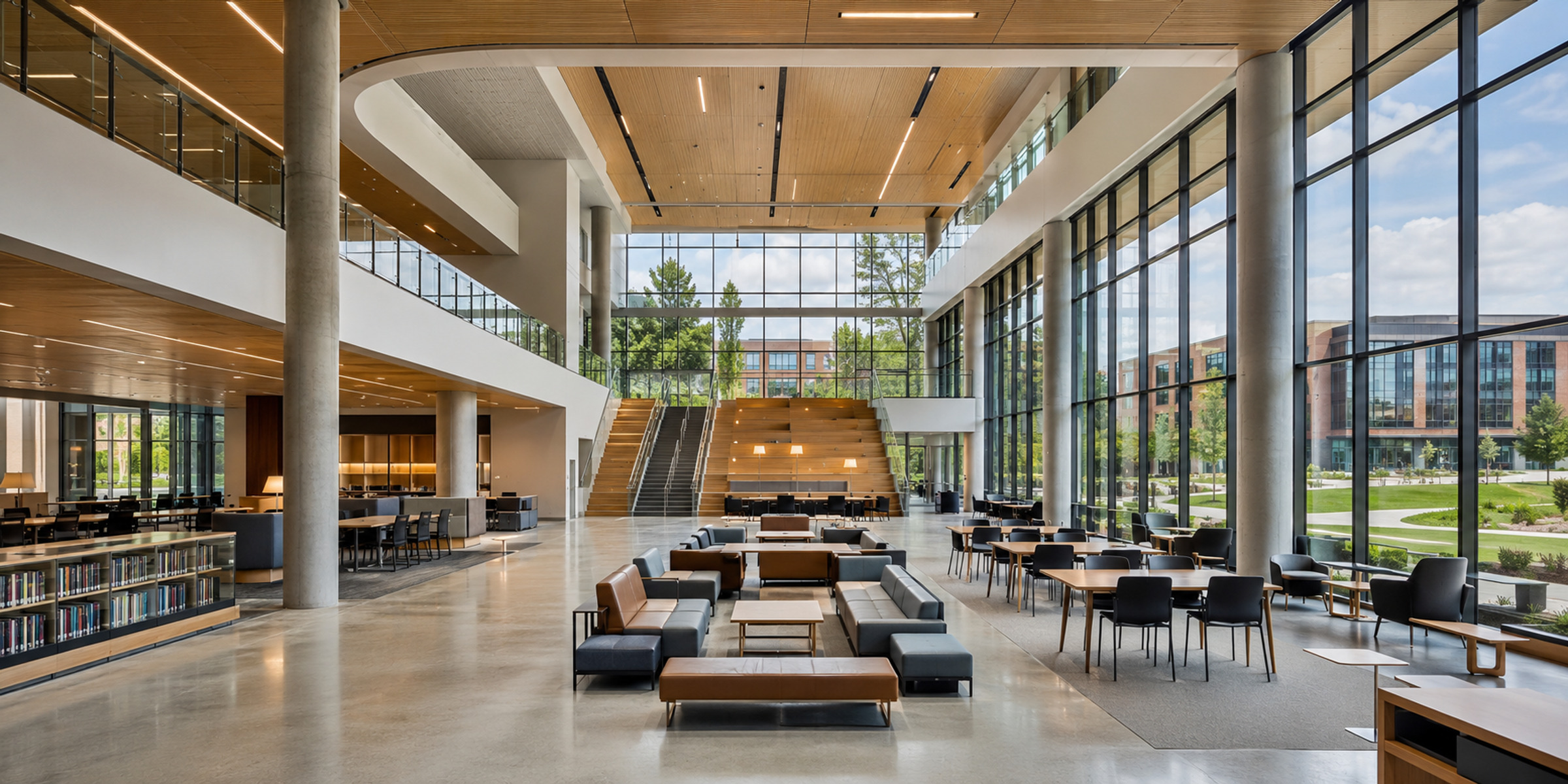 Contemporary university academic commons with floor-to-ceiling glass and connected campus views
