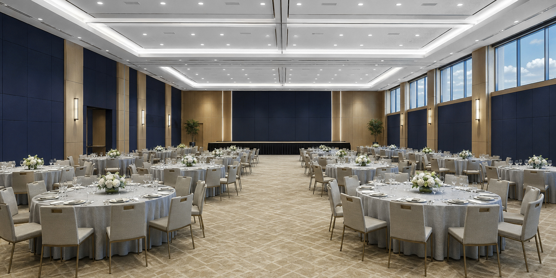 Convention hotel ballroom in banquet configuration