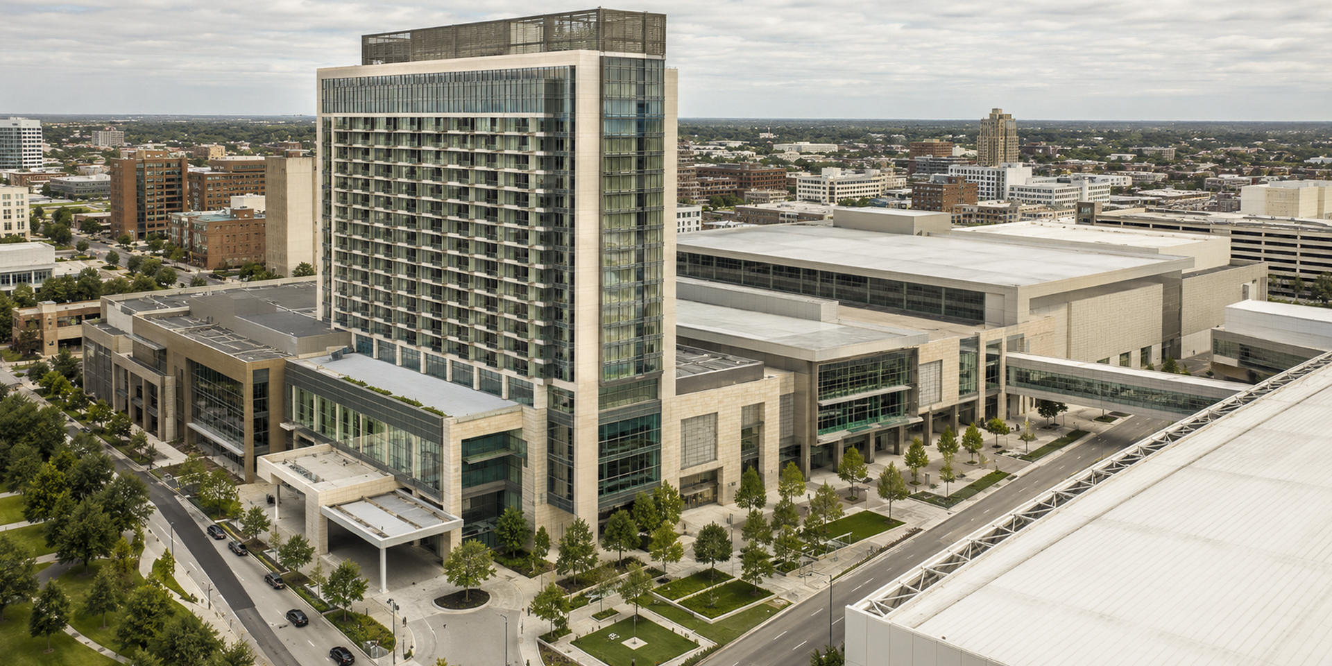 Urban convention hotel aerial exterior